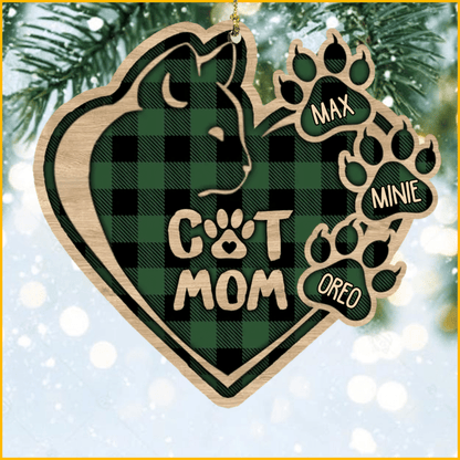 Christmas Cat Mom Heart Plaid Pattern Wood Ornament For Cat Mom Gifts,Christmas Gift,Christmas Decoration