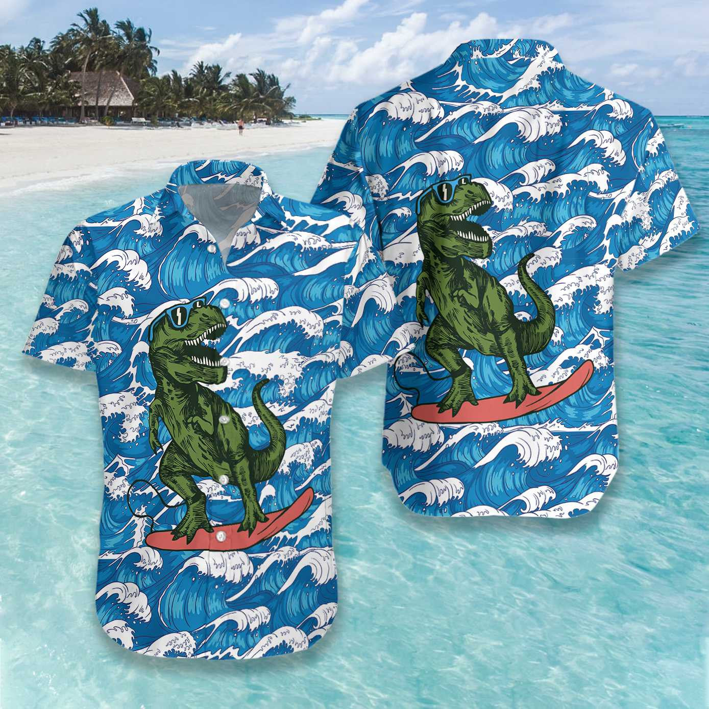 Surfing T-Rex Dinosaur Beautiful Waves Pattern Hawaiian Shirt, Hawaiian Shirt Gift, Christmas Gift
