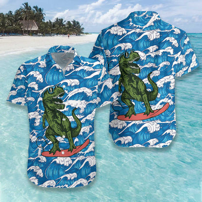 Surfing T-Rex Dinosaur Beautiful Waves Pattern Hawaiian Shirt, Hawaiian Shirt Gift, Christmas Gift
