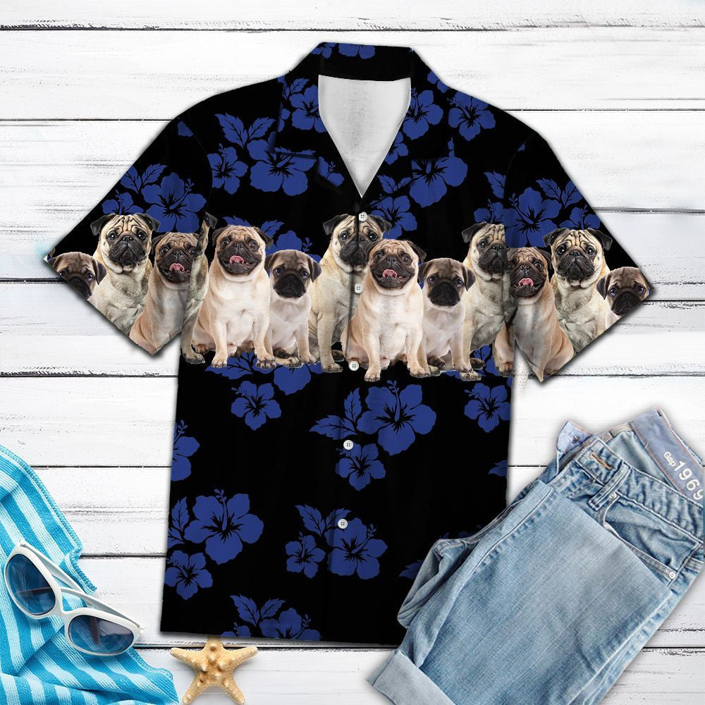 Lovely Pug With Blue Hibiscus In Black Hawaiian Shirt, Hawaiian Shirt Gift, Christmas Gift