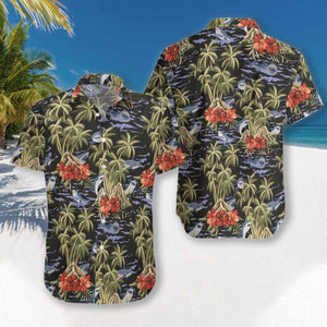 Blue Shark Floral Leaves Pattern Hawaiian Shirt, Hawaiian For Gift