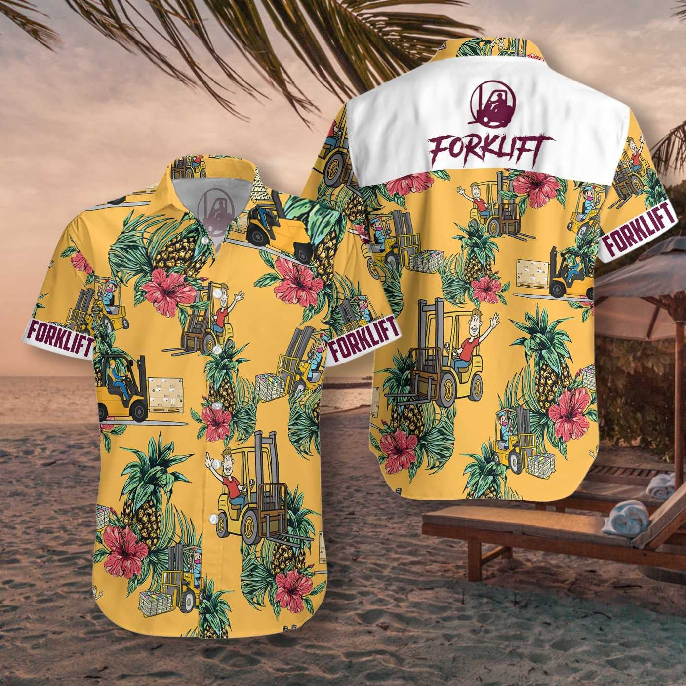 Forklift Pineapple Seamless Pattern Gold Design Hawaiian Shirt,Hawaiian Shirt Gift, Christmas Gift