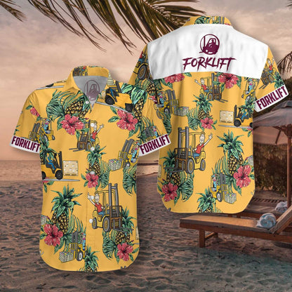 Forklift Pineapple Seamless Pattern Gold Design Hawaiian Shirt,Hawaiian Shirt Gift, Christmas Gift