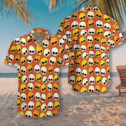 Cute Skull On Orange Background Pattern Hawaiian Shirt,Hawaiian Shirt Gift, Christmas Gift
