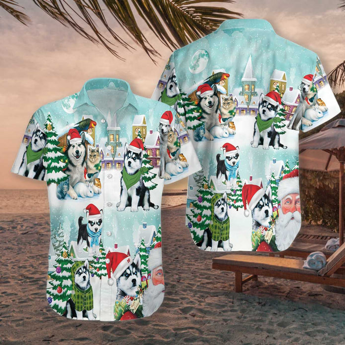 Cute Husky With Green Scarf In Snow Merry Christmas Hawaiian Shirt, Hawaiian Shirt Gift, Christmas Gift