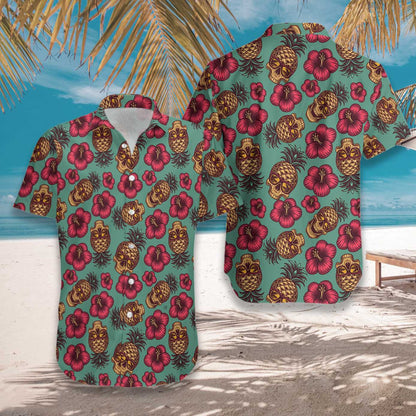 Cadet Blue Design Hawaiian Shirt Retro Pineapple Skull,Hawaiian Shirt Gift, Christmas Gift