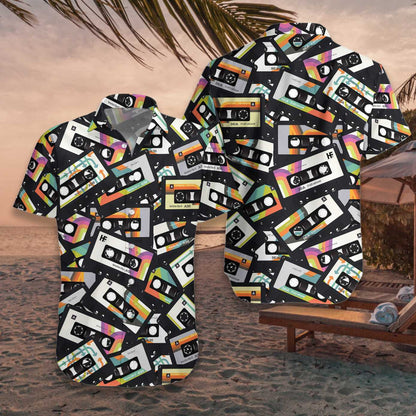 Retro Vintage Cassette Tape Black Theme Hawaiian Shirt,Hawaiian Shirt Gift, Christmas Gift