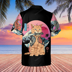 Cute Cat With Samurai Catana Hawaiian Shirt,Hawaiian Shirt Gift, Christmas Gift