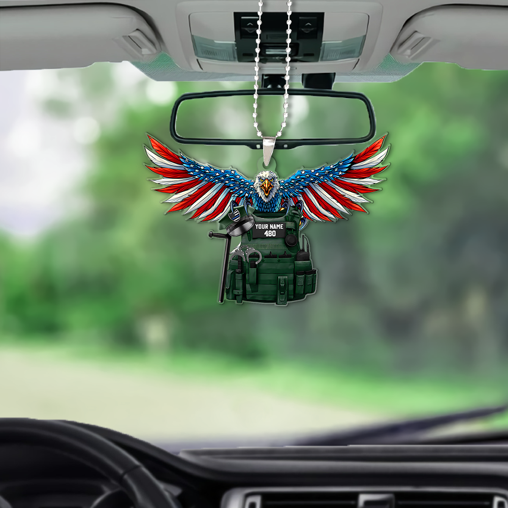 Personalized Eagle Thin Blue Line Flag Bulletproof Police Shaped Flat Acrylic Car Ornament, Christmas Decoration
