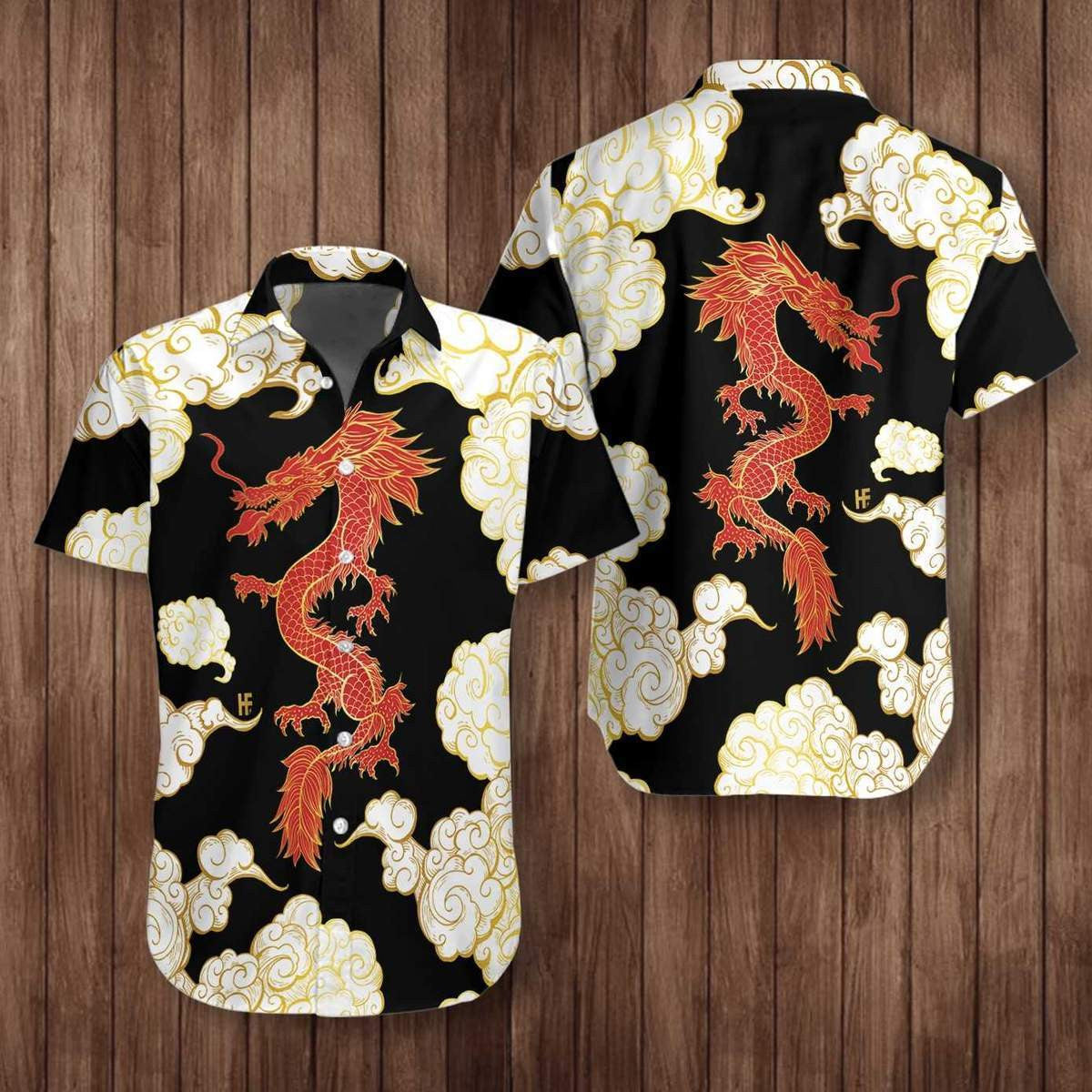 Cool Chinese Dragon Black Red Cloud Ornamental Hawaiian Shirt, Hawaiian Shirt Gift, Christmas Gift