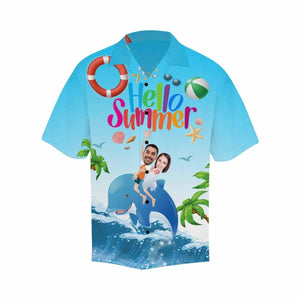 Hello Summer Funny Couple Riding Dolphin Custom Photo Hawaiian Shirt, Hawaiian Shirt Gift, Christmas Gift