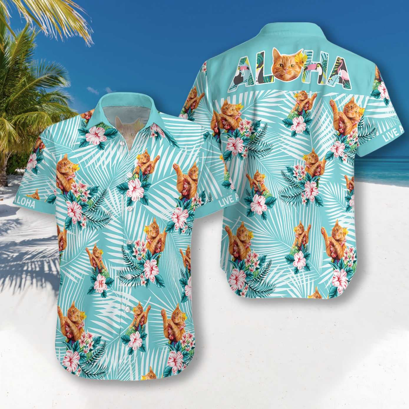 Cat Aloha On Light Sky Blue Design Léine Haváís, Bronntanas Léine Haváíais, Bronntanas Nollag