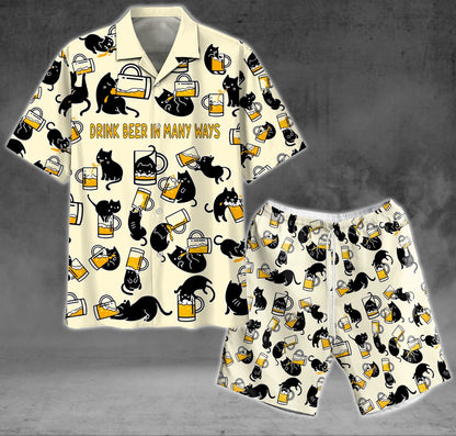 Black Cat Beer Pattern Design Hawaiian Shirt, Hawaiian For Gift