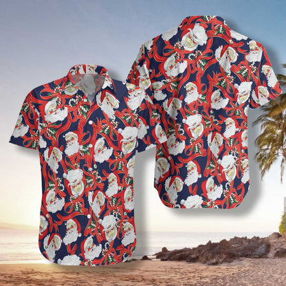 Santa Claus Face On Blue Pattern Hawaiian Shirt,Hawaiian Shirt Gift, Christmas Gift
