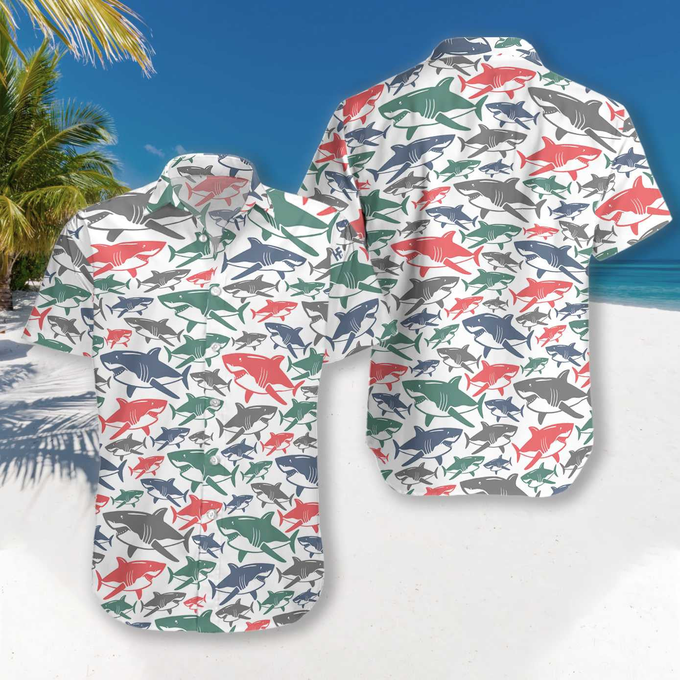 Multicolor Shark Pattern On White Background Hawaiian Shirt,Hawaiian Shirt Gift, Christmas Gift