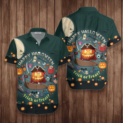 Halloween Pumpkin Pirate And Candy Design Hawaiian Shirt, Hawaiian For Gift