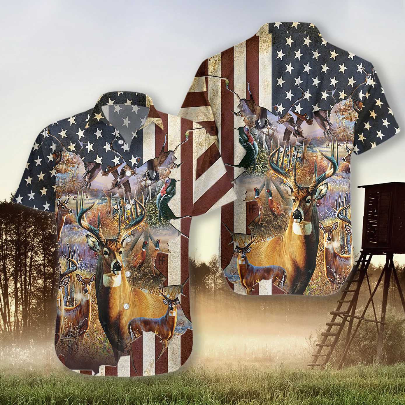 American Hunter Rustic US Flag Pattern Hawaiian Shirt,Hawaiian Shirt Gift, Christmas Gift