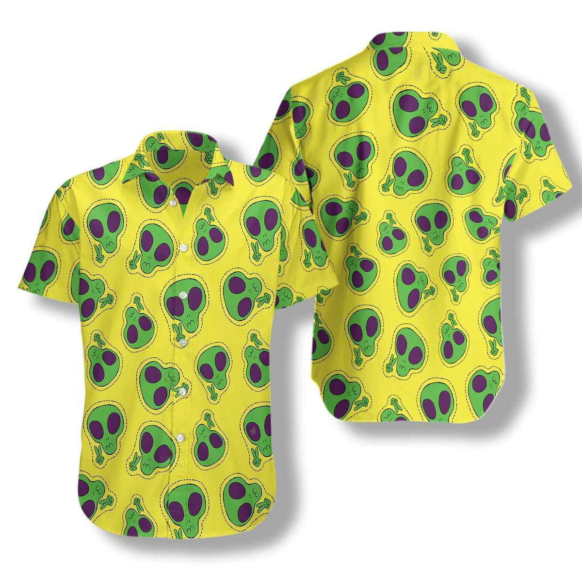 Green Alien Face Patch Pattern Hawaiian Shirt,Hawaiian Shirt Gift, Christmas Gift