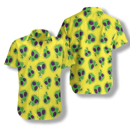 Green Alien Face Patch Pattern Hawaiian Shirt,Hawaiian Shirt Gift, Christmas Gift