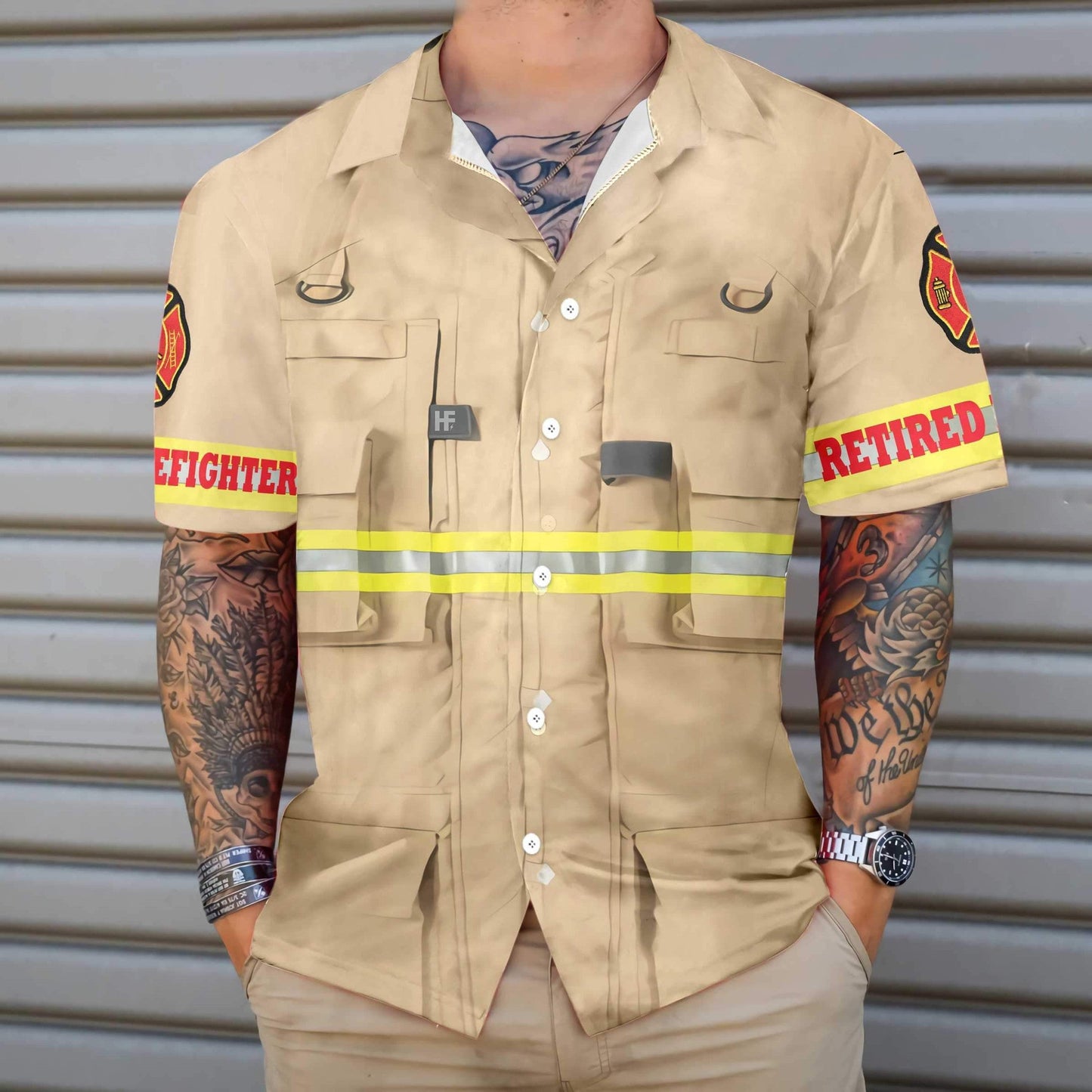 Proud Retired Firefighter On Tan Design Hawaiian Shirt,Hawaiian Shirt Gift, Christmas Gift