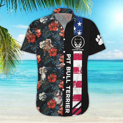 Dog Hawaiian Shirt - Custom Name Pit Bull Terrier American Flag Tropical Hawaiian Shirts - Gift For Summer_Hawaiian Shirt Gift, Christmas Gift