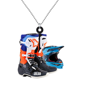 Personalized Motocross Boots Helmet Car Hanging Ornament, Motocross Boots Helmet Ornament, Christmas Decoration