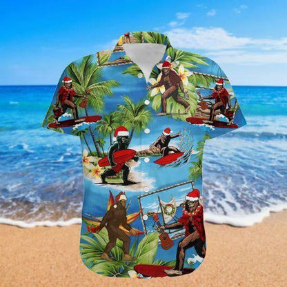 Cúlra Turquoise Nollag Santa Bigfoot Dearadh Léine Haváís, Bronntanas Nollag