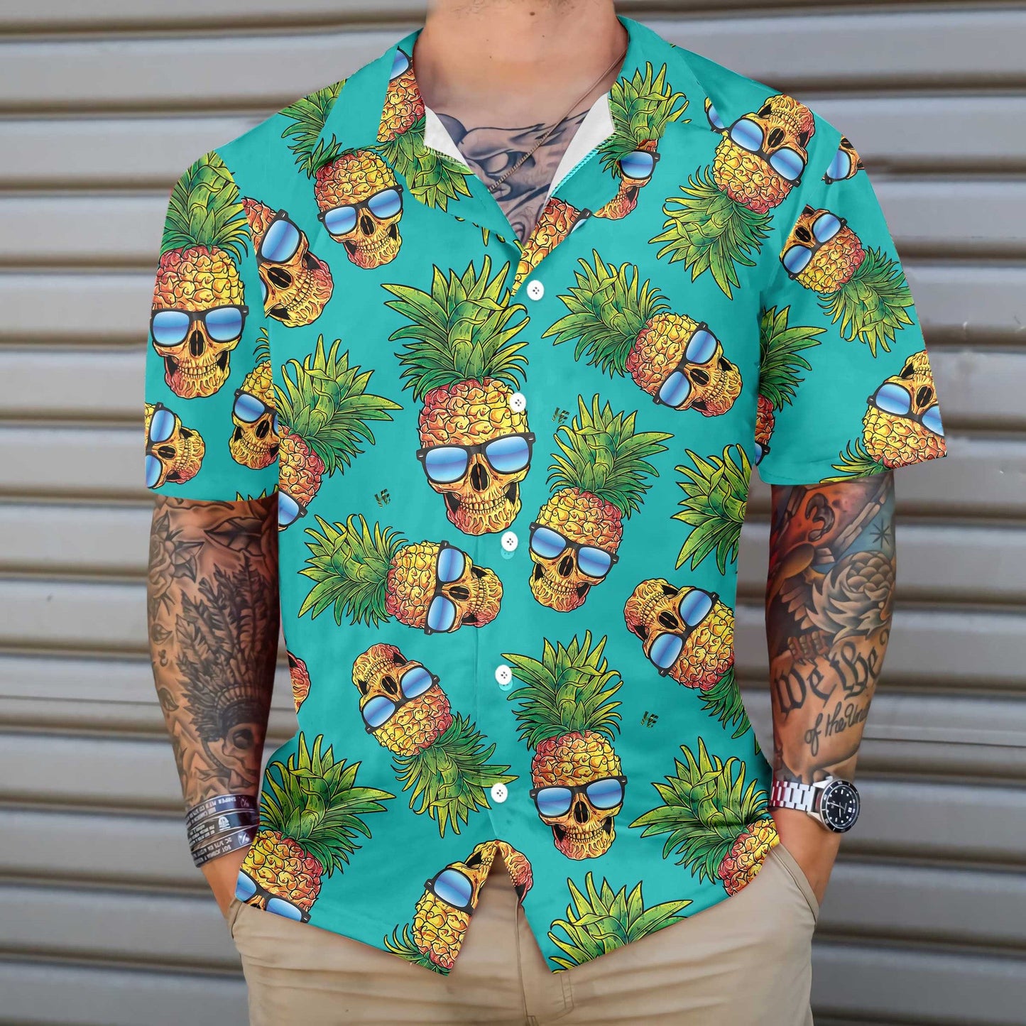 Pineapple Skull And The Tropical Leaves Design Hawaiian Shirt,Hawaiian Shirt Gift, Christmas Gift