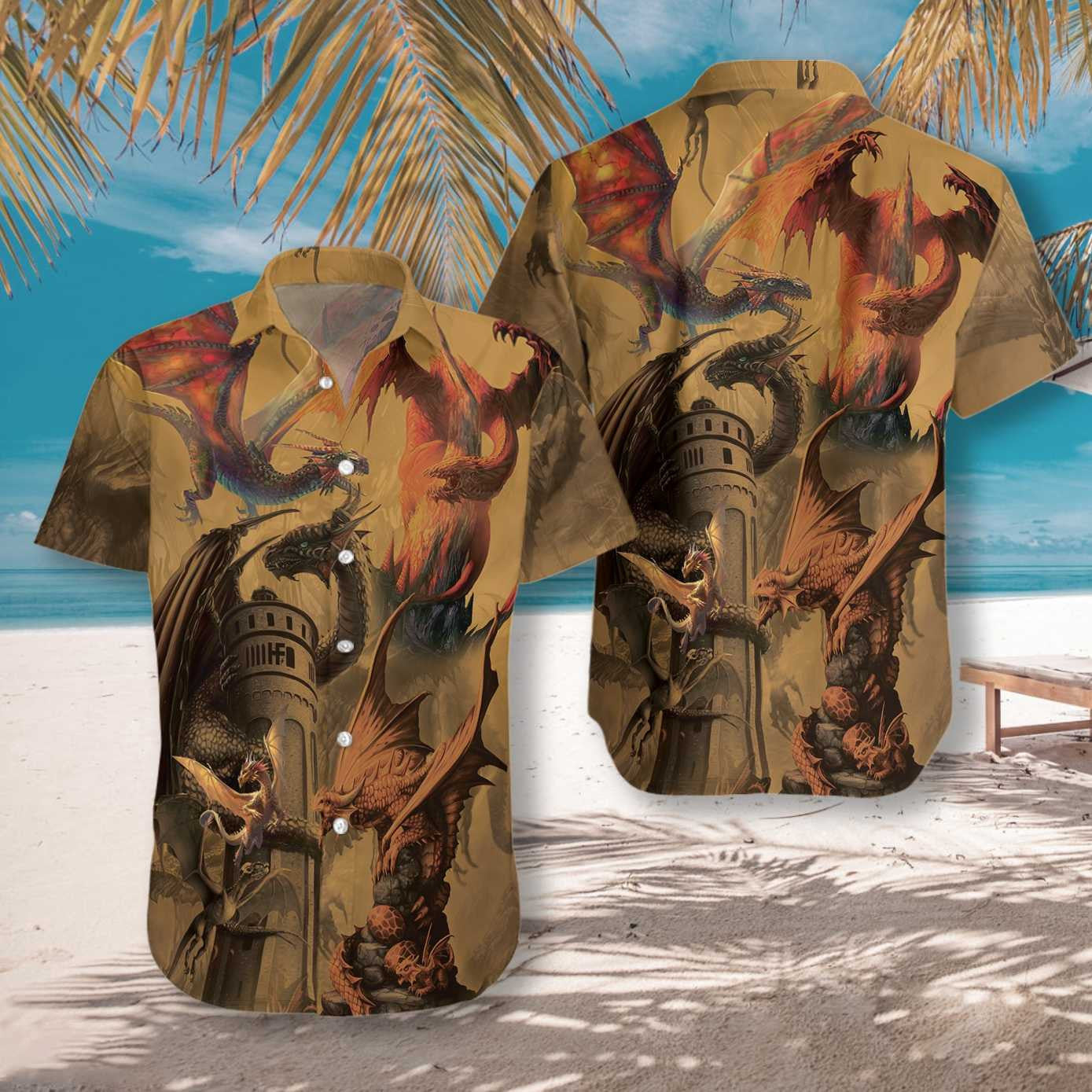 Dragon On The Castle Vintage Style Hawaiian Shirt,Hawaiian Shirt Gift, Christmas Gift