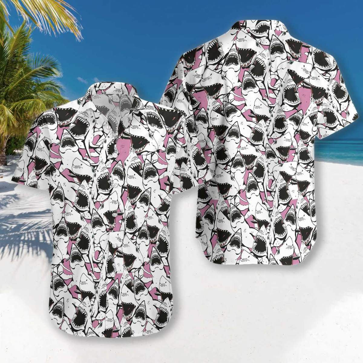 White And Black Shark Pattern Hawaiian Shirt, Hwaiian For Gift
