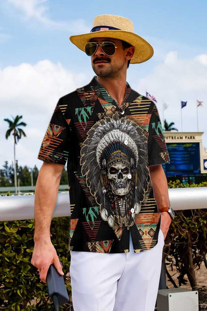 Indian Skull With Tribal Ethnic Design Hawaiian Shirt, Hawaiian For Gift