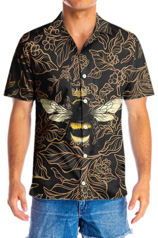 Gold Crown Golden Floral Bee Design Hawaiian Shirt,Hawaiian Shirt Gift, Christmas Gift