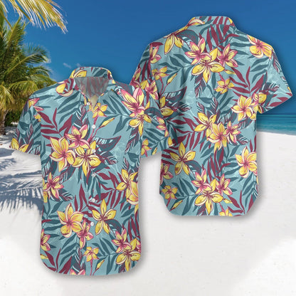 Yellow Flower On Blue Background Design Hawaiian Shirt, Hwaiian For Gift