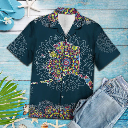 Léarscáil Uathúil As Alasca Mandala Flower Patchwork Pattern Léine Haváís, Bronntanas Léine Haváíais, Bronntanas Nollag