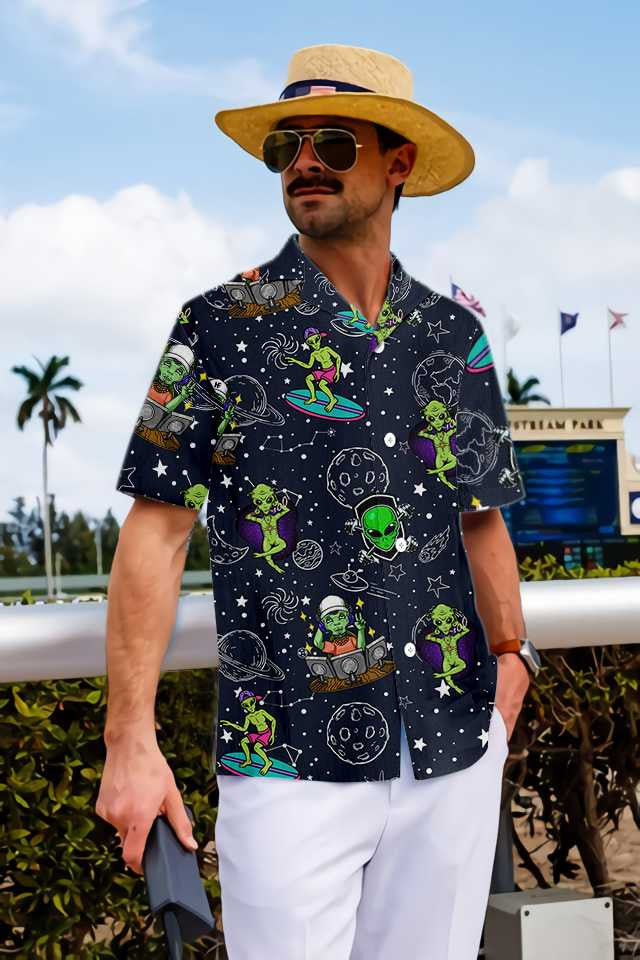 Cute Aliens Night Sky Pattern Hawaiian Shirt,Hawaiian Shirt Gift, Christmas Gift
