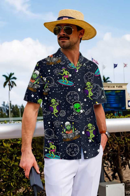 Cute Aliens Night Sky Pattern Hawaiian Shirt,Hawaiian Shirt Gift, Christmas Gift