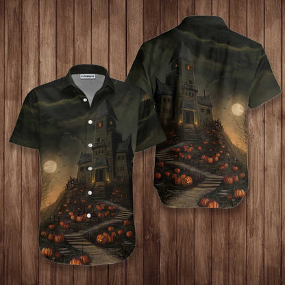 Teach Haunted Oíche Shamhna ar an gCnoc Le Léine Haváíach Drámaíochta Pumpkin, Bronntanas Léine Haváís, Bronntanas Nollag