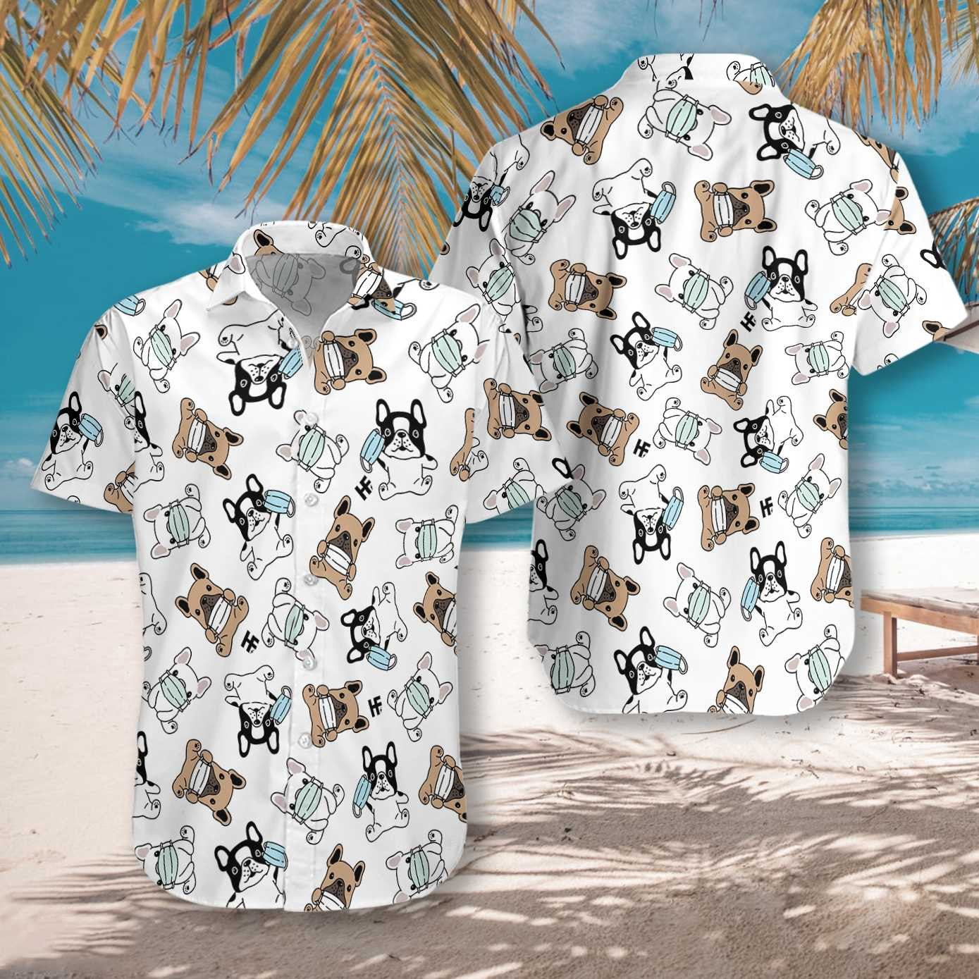 Bulldog gleoite Fraincis Le Masc Aghaidh Cúlra Bán Léine Haváís, Bronntanas Léine Haváís, Bronntanas Nollag