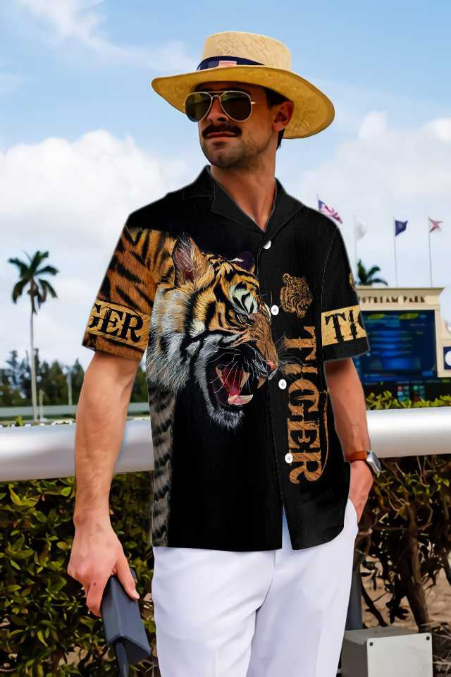 Craiceann Tíogair Feargach Ar Chúlra Dubh Dearadh Léine Haváís, Bronntanas Léine Haváíais, Bronntanas Nollag