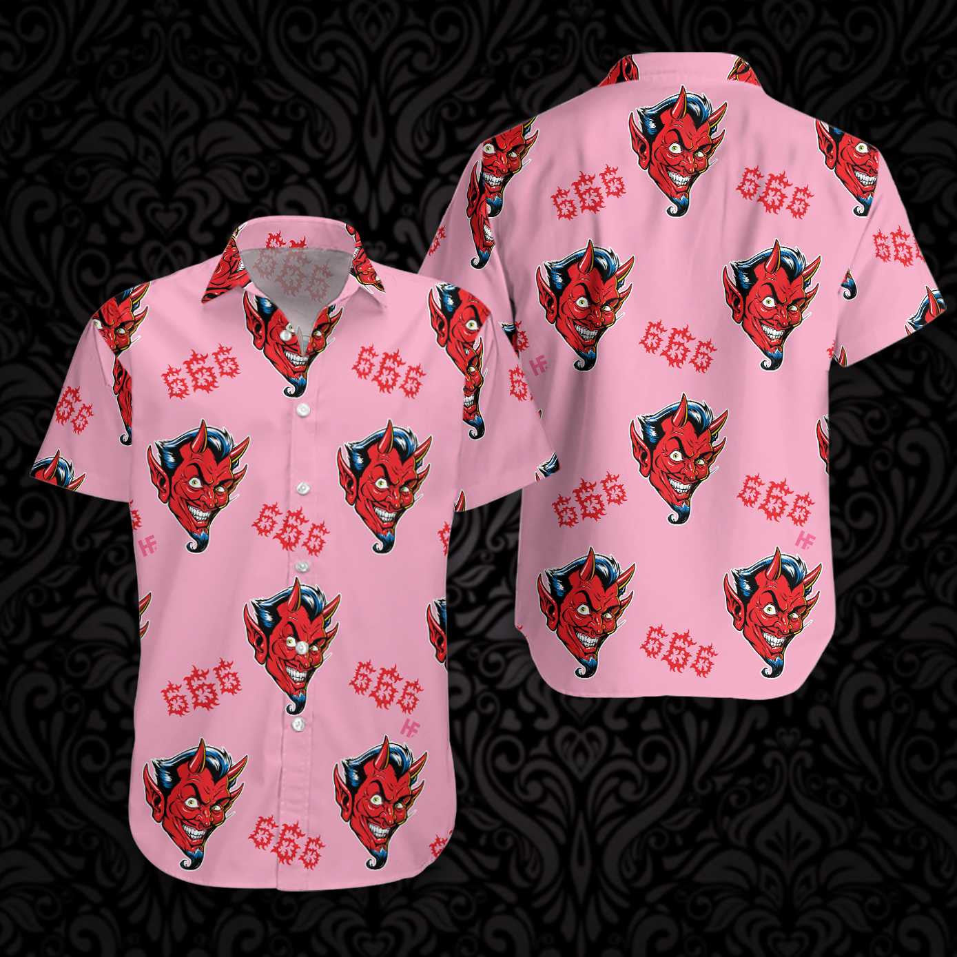 Red Devil Face On Pink Background Hawaiian Shirt,Hawaiian Shirt Gift, Christmas Gift