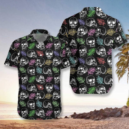 Skulls And Colorful Palm Leaves Pattern Hawaiian Shirt,Hawaiian Shirt Gift, Christmas Gift