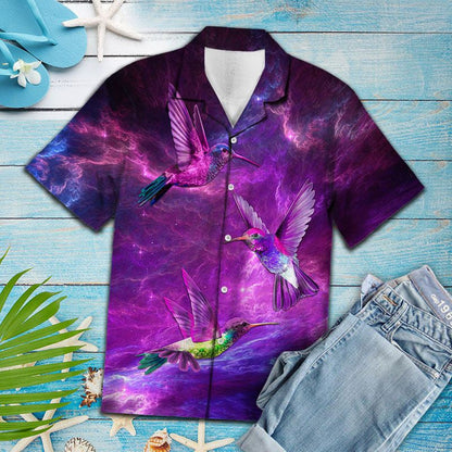 Beautiful Hummingbird On Purple Galaxy Sky Themed Hawaiian Shirt, Hawaiian Shirt Gift, Christmas Gift