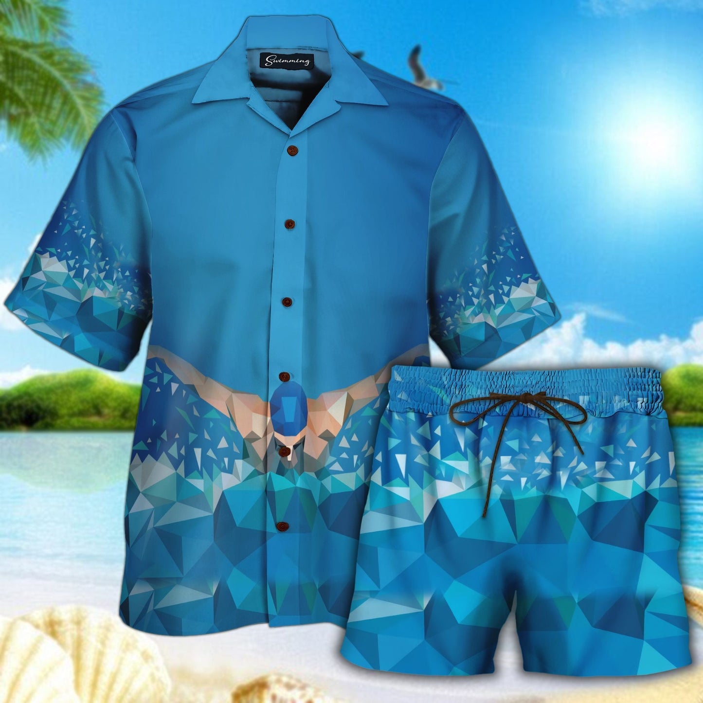 Swimming On Blue Crazy Ornamental Hawaiian Shirt And Shorts, Hawaiian Shirt Gift, Christmas Gift