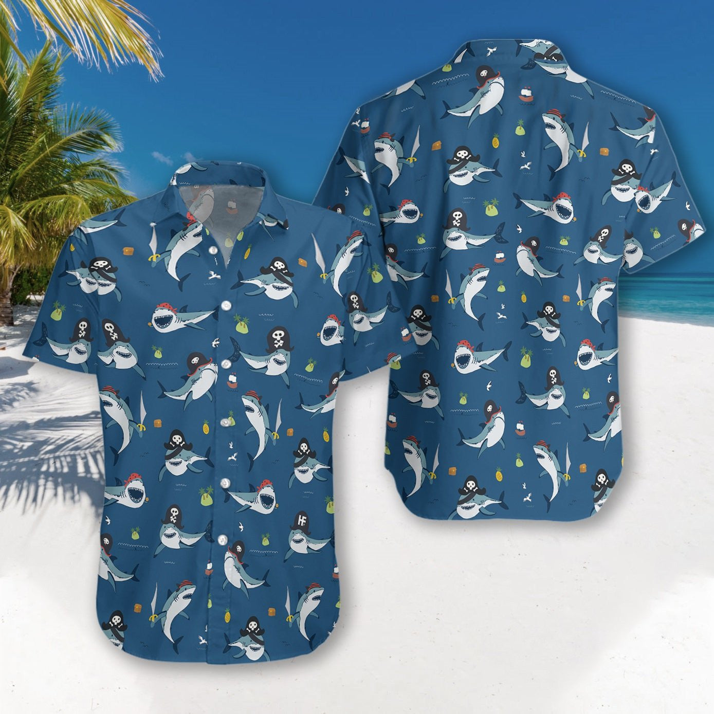 Shark Pirates On Blue Background Design Hawaiian Shirt,Hawaiian Shirt Gift, Christmas Gift
