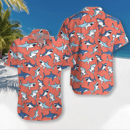 Shark On Orange Background Pattern Hawaiian Shirt,Hawaiian Shirt Gift, Christmas Gift