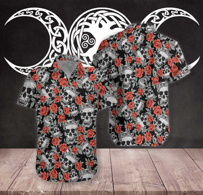 Nice Skull With Crown And Red Rose Hawaiian Shirt,Hawaiian Shirt Gift, Christmas Gift