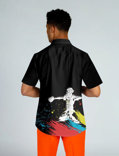 Catcher Silhouette Baseball On Black Design Hawaiian Shirt, Hawaiian For Gift