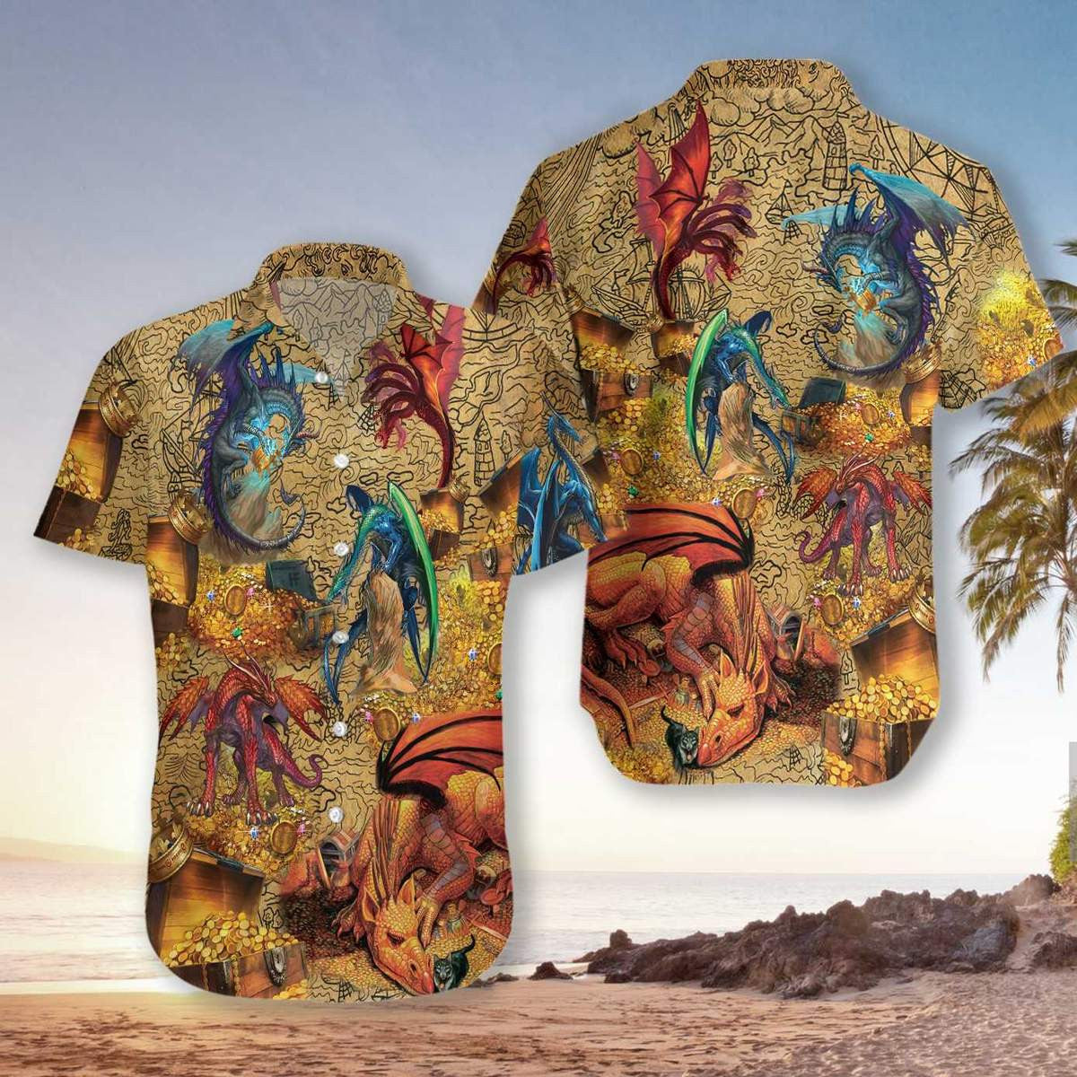 Golden Dragons With Treasure Background Hawaiian Shirt,Hawaiian Shirt Gift, Christmas Gift