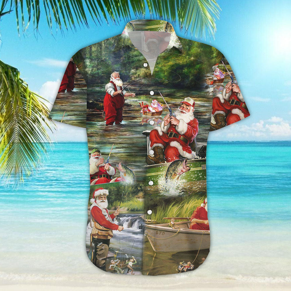 Christmas Santa Hawaiian Shirt - Merry Fishmas And A Happy New Reel Christmas Hawaiian Shirt - Christmas Gift_Hawaiian Shirt Gift, Christmas Gift