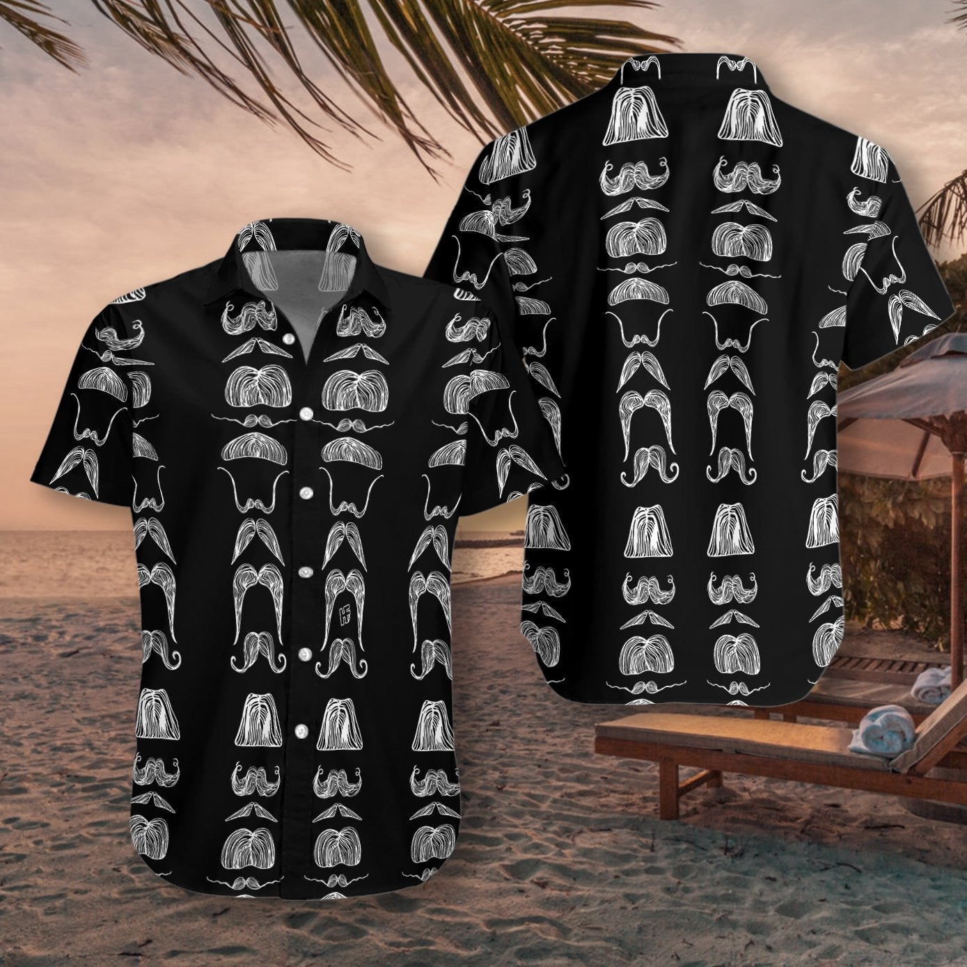 Mustache With Flower Black And White Pattern Hawaiian Shirt,Hawaiian Shirt Gift, Christmas Gift